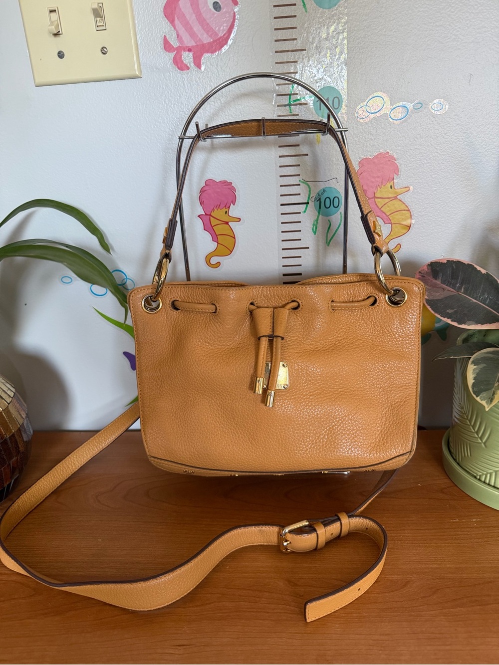 MCM Tan Pebbled Leather Drawstring Shoulder Bag with Gold Hardware